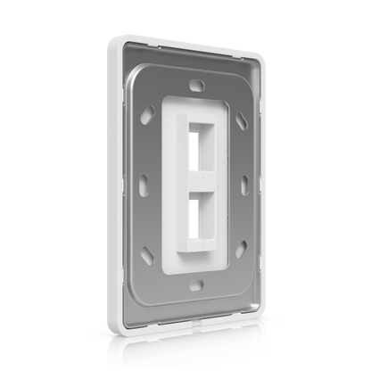 Angled rear view of the Ubiquiti UniFi vertical 2-port keystone wall plate showing the mounting plate and dual openings