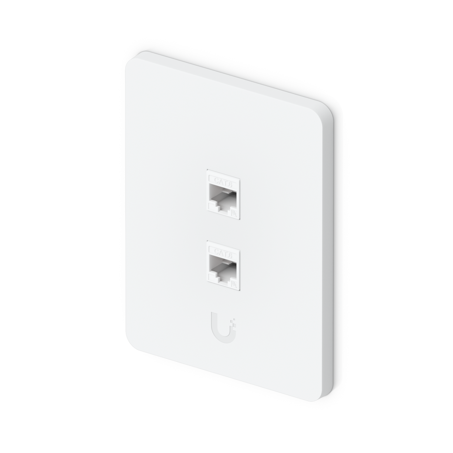Ubiquiti UniFi paintable vertical 2-port wall plate fitted with two CAT6 keystone network jacks, angled front view