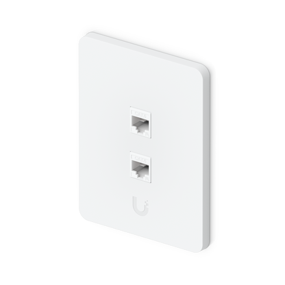 Ubiquiti UniFi paintable vertical 2-port wall plate fitted with two CAT6 keystone network jacks, angled front view