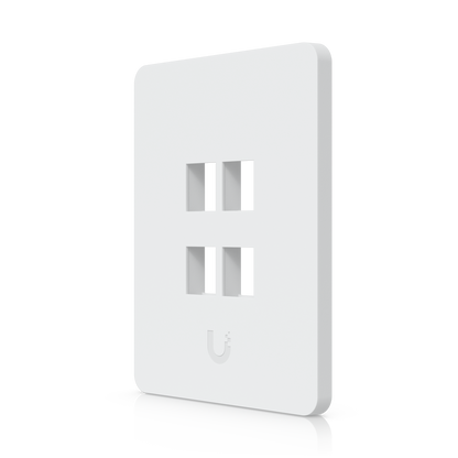 Angled front view of the Ubiquiti UniFi vertical 4-port paintable keystone wall plate