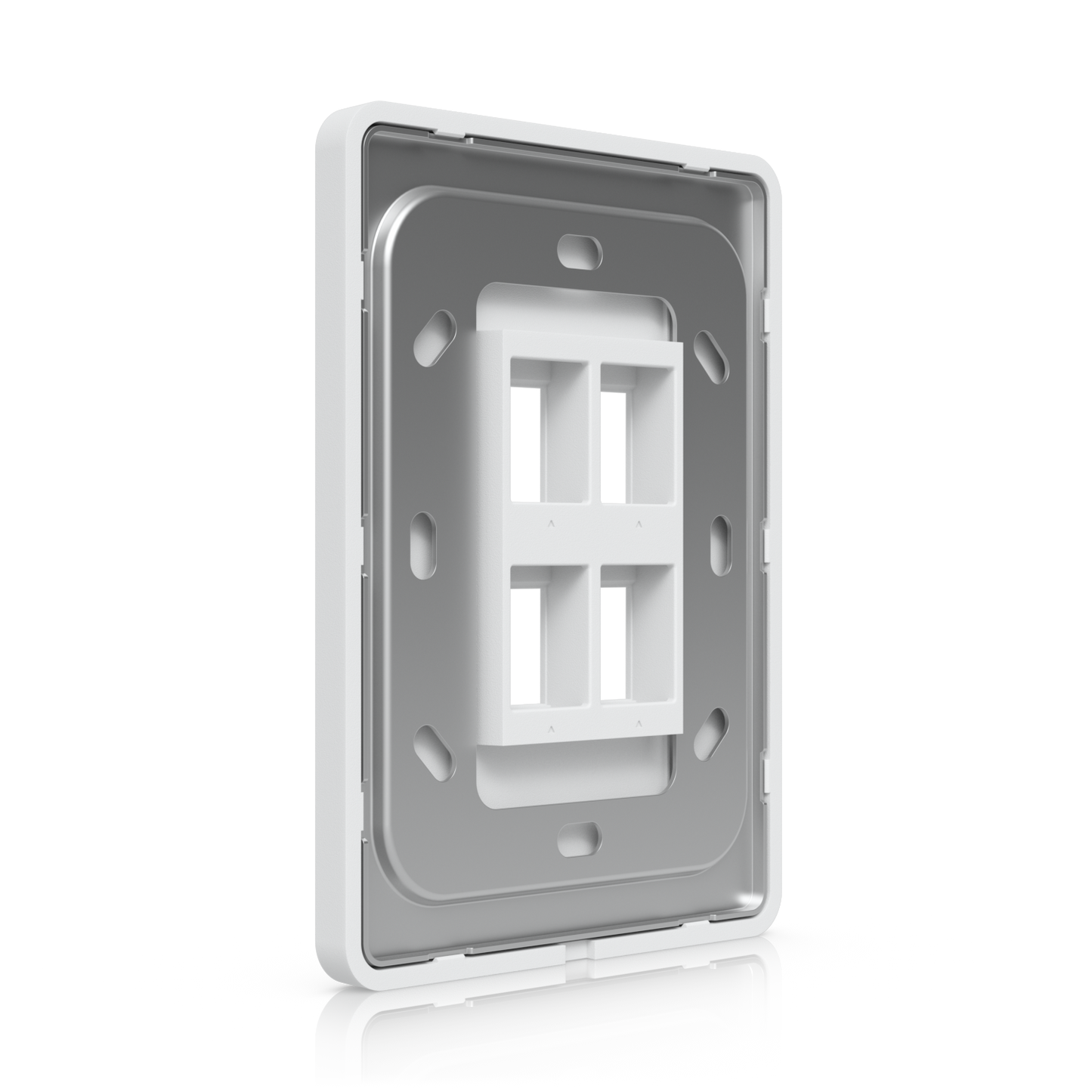 Angled rear view of the UniFi paintable 4-port keystone wall plate with mounting bracket