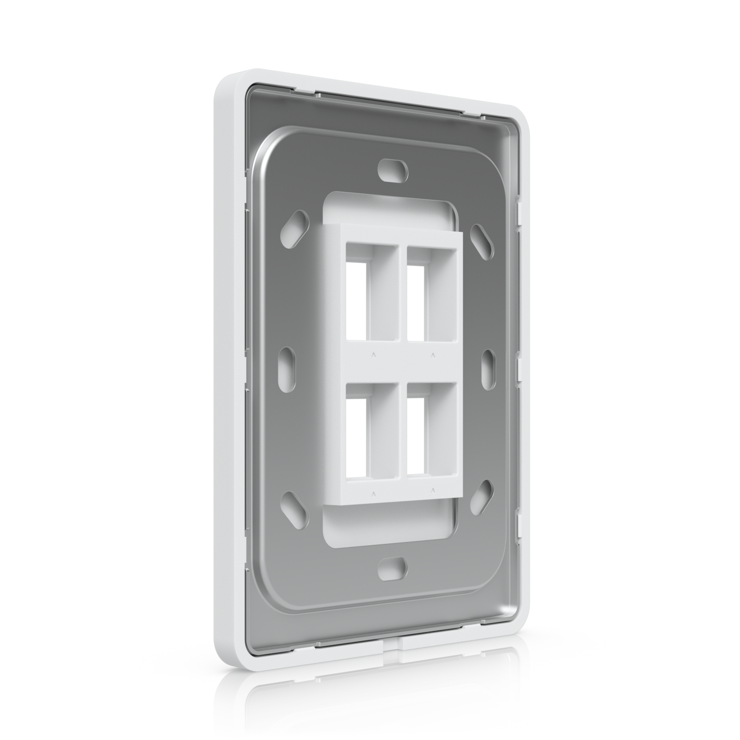 Angled rear view of the UniFi paintable 4-port keystone wall plate with mounting bracket