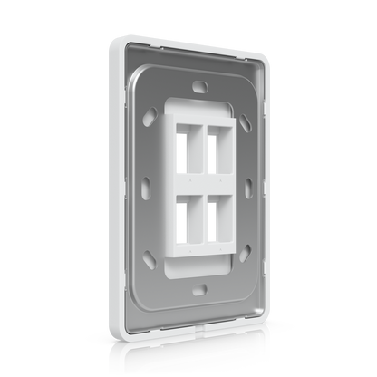 Angled rear view of the UniFi paintable 4-port keystone wall plate with mounting bracket