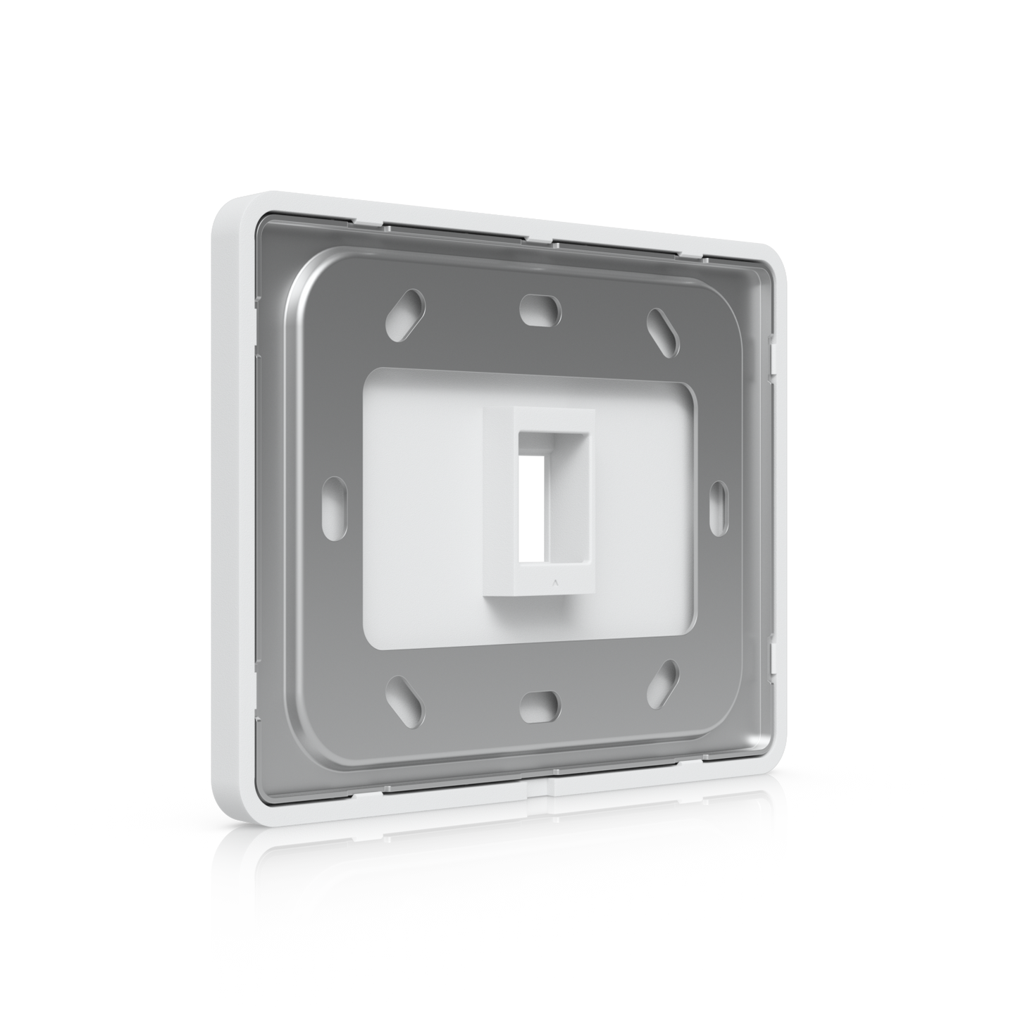 Angled rear view of Ubiquiti UACC-WP-Keystone wall plate with mounting frame and keystone opening