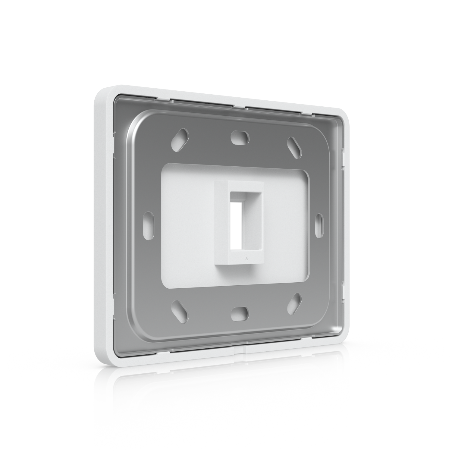 Angled rear view of Ubiquiti UACC-WP-Keystone wall plate with mounting frame and keystone opening