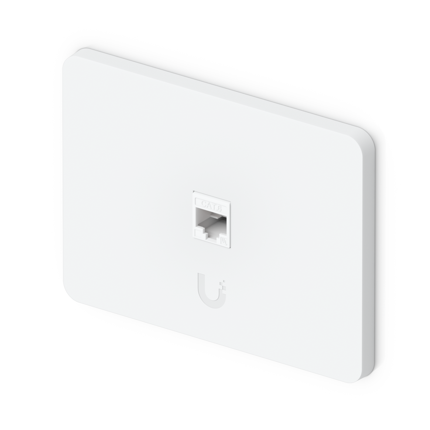 Angled view of Ubiquiti UniFi UACC-WP-Keystone horizontal wall plate fitted with a Cat 6 keystone jack