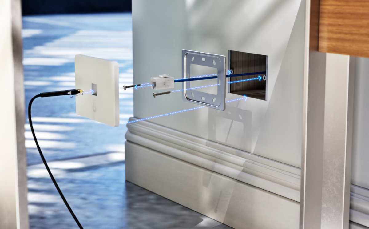 Exploded installation view of the Ubiquiti UniFi paintable wall plate with keystone jack, mounting bracket and screws