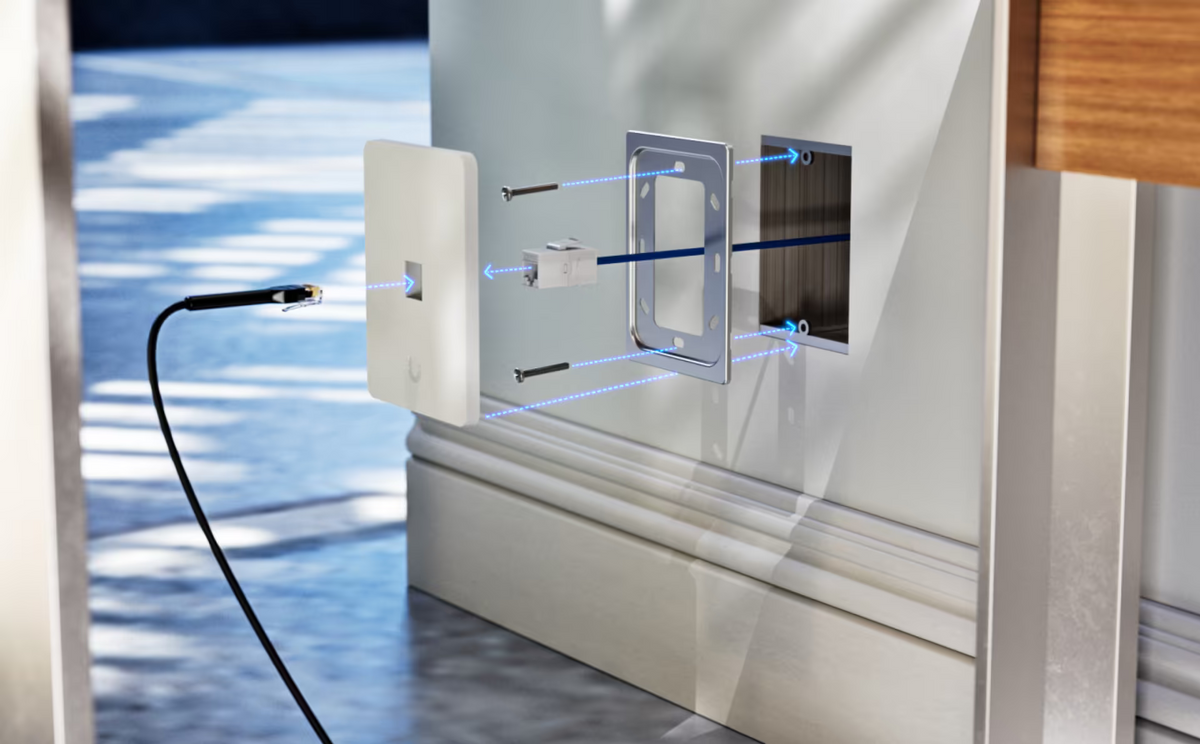 Exploded installation view of the Ubiquiti UniFi UACC-WP-Keystone vertical paintable wall plate with keystone jack, bracket and screws