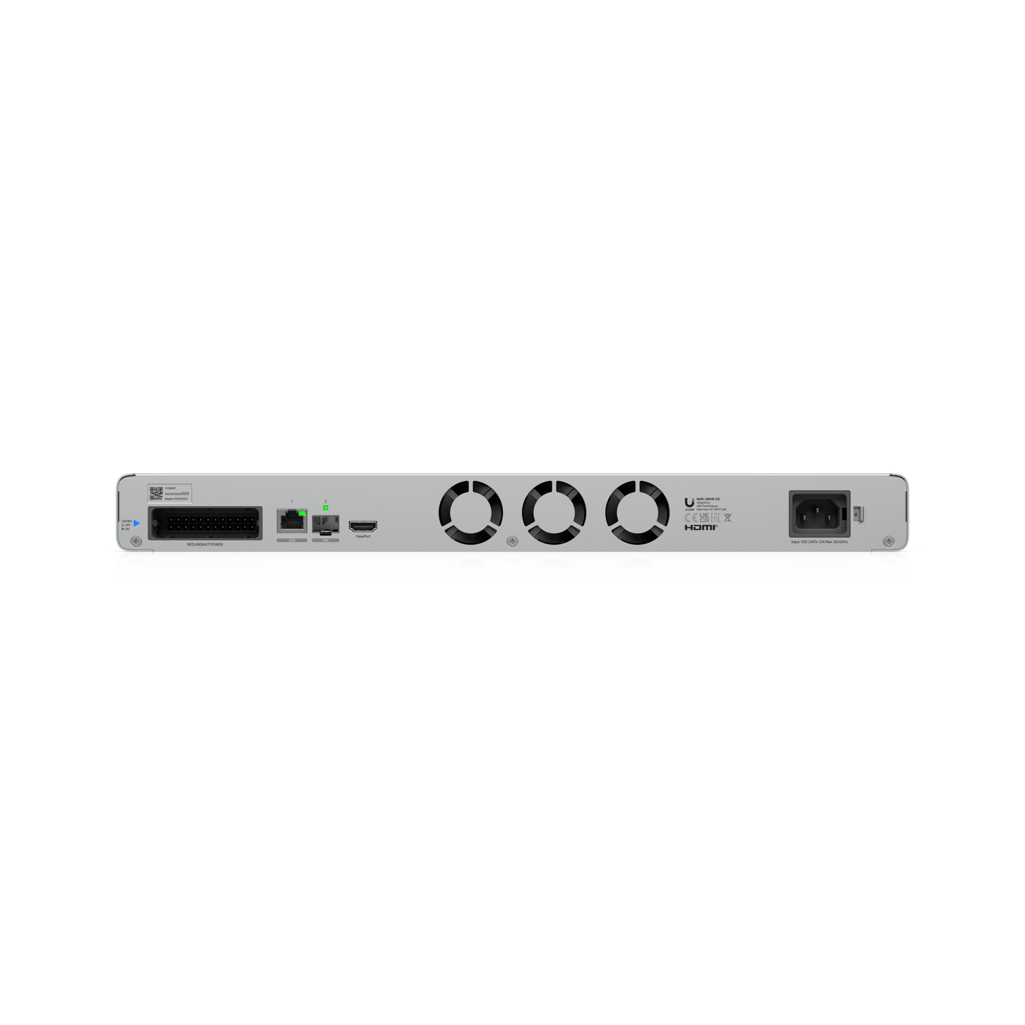 Ubiquiti UNVR-G2 rear panel with network ports, ViewPort output, redundant power connection and three cooling fans