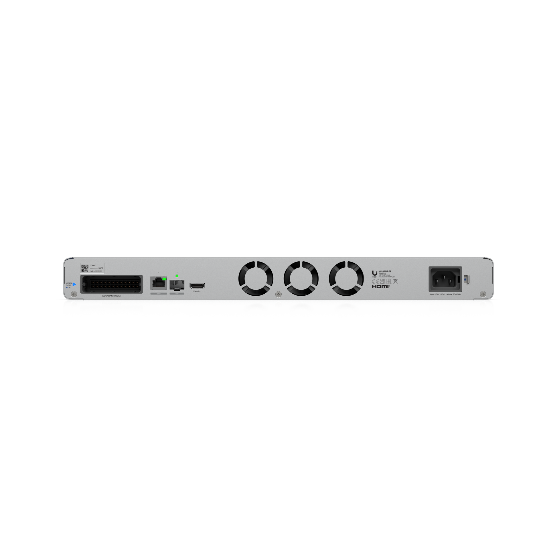 Ubiquiti UNVR-G2 rear panel with network ports, ViewPort output, redundant power connection and three cooling fans