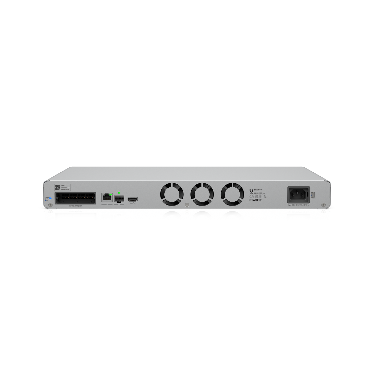 Rear perspective of the UniFi Network Video Recorder G2 showing connectivity, cooling fans and power inputs