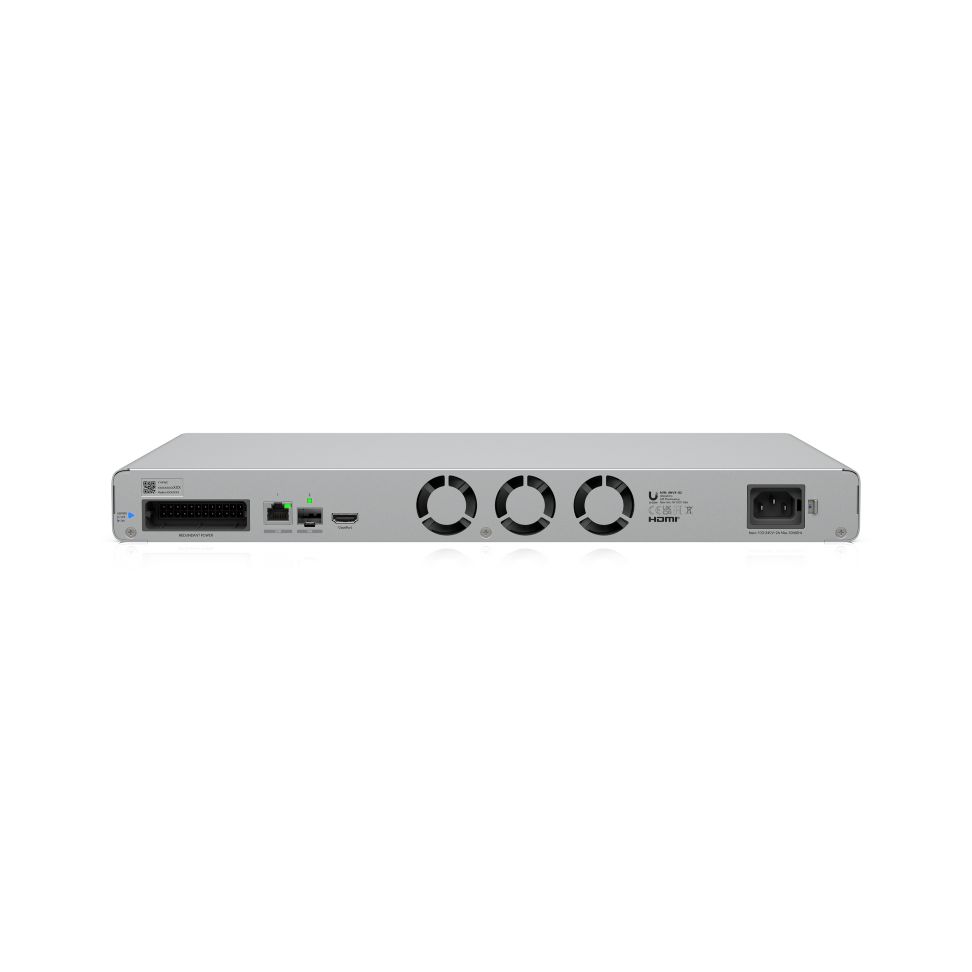 Rear perspective of the UniFi Network Video Recorder G2 showing connectivity, cooling fans and power inputs