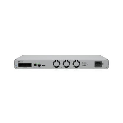 Rear perspective of the UniFi Network Video Recorder G2 showing connectivity, cooling fans and power inputs
