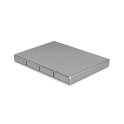 Elevated front perspective of the Ubiquiti UniFi Network Video Recorder G2 and its four-bay rackmount enclosure