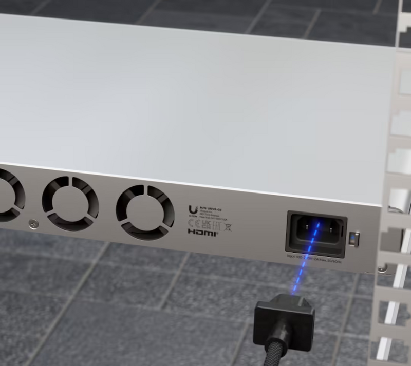 Power cable connection on the rear of the Ubiquiti UNVR-G2 UniFi Network Video Recorder G2
