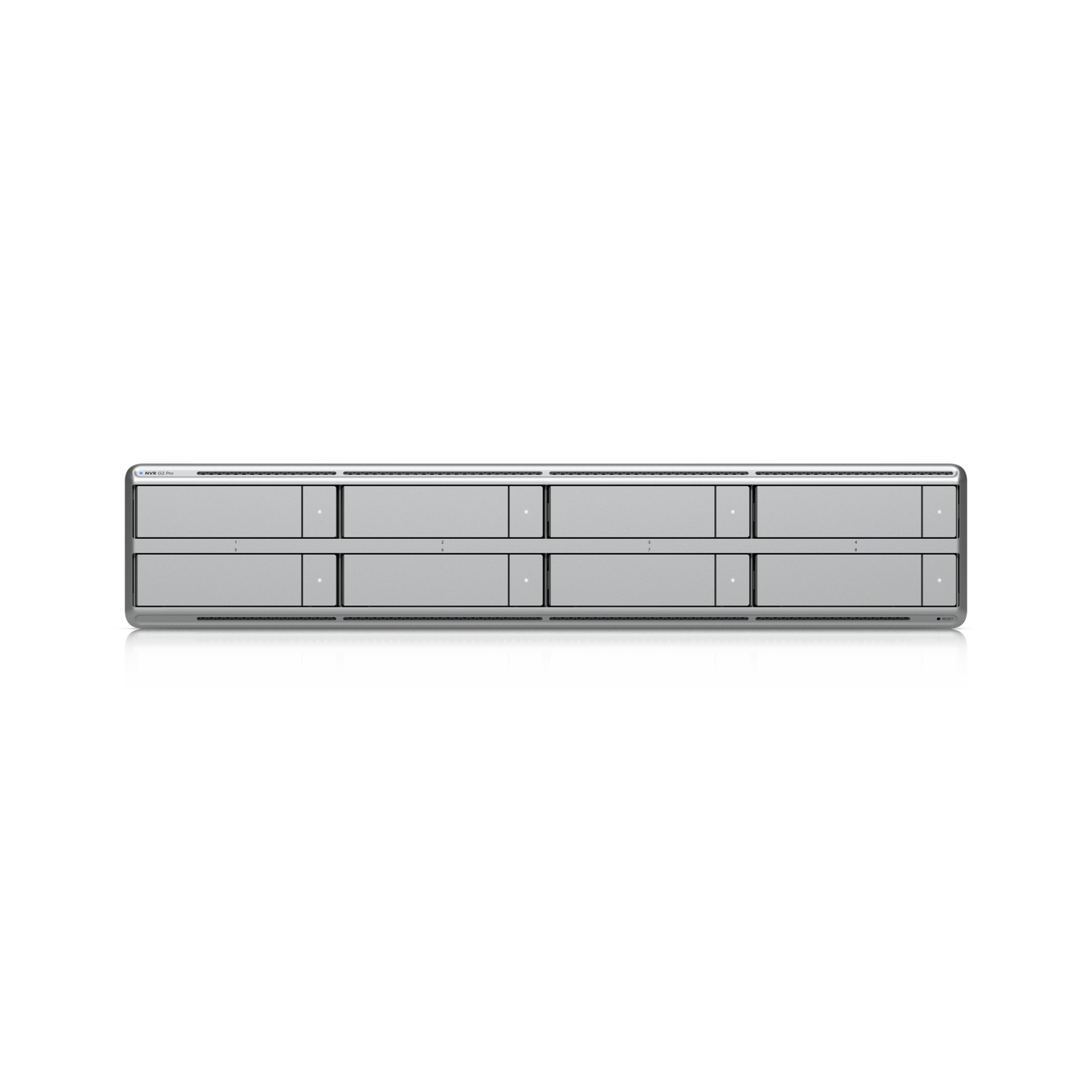 Front view of the Ubiquiti UniFi UNVR-G2-Pro network video recorder and eight storage bays