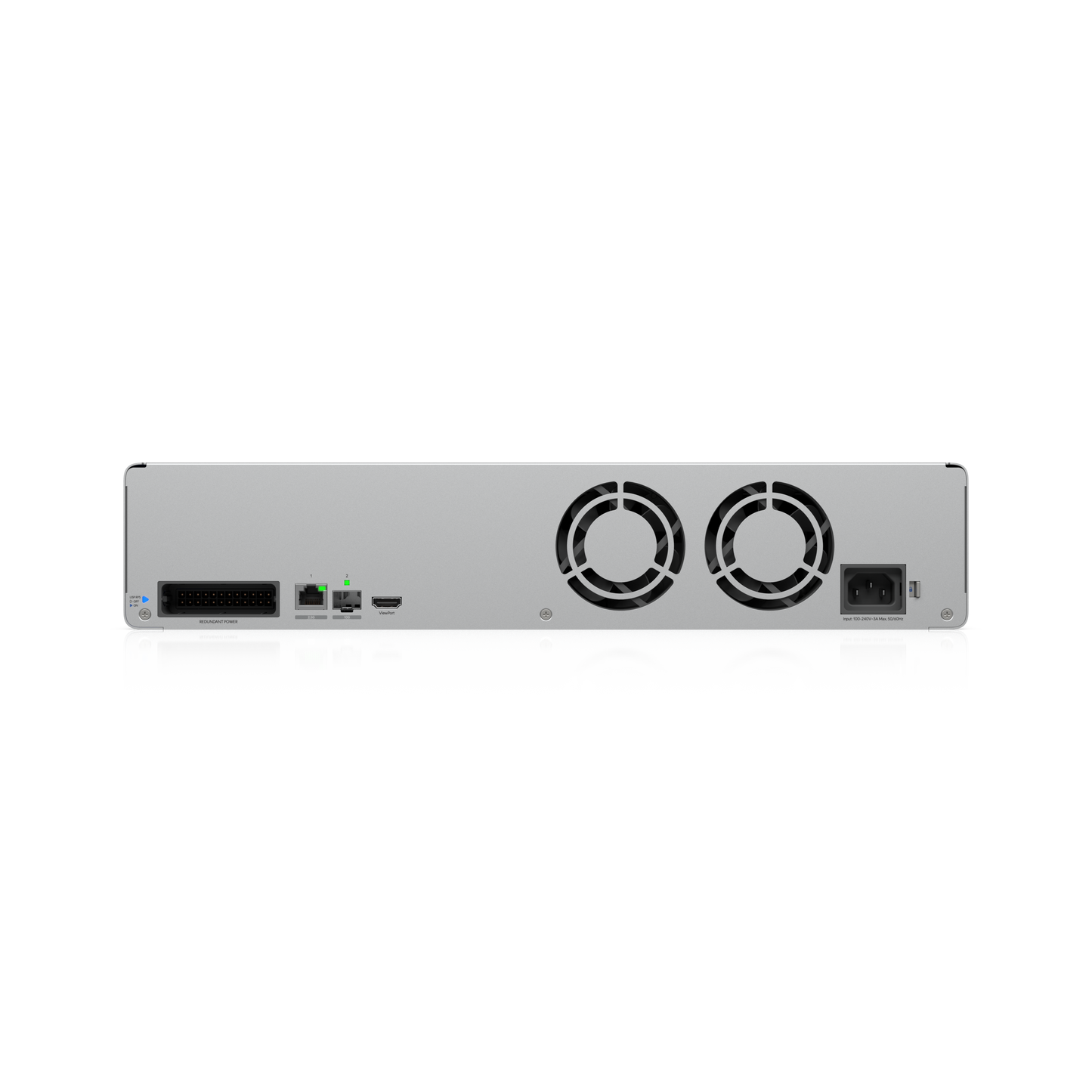 Rear view of the Ubiquiti UNVR-G2-Pro showing network ports, ViewPort output, dual fans and power inputs
