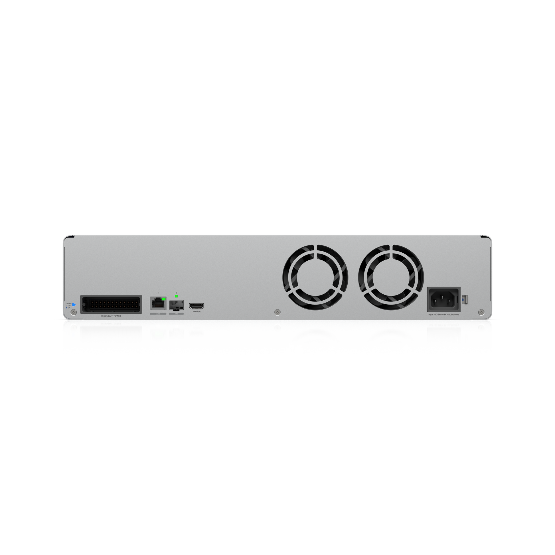 Rear view of the Ubiquiti UNVR-G2-Pro showing network ports, ViewPort output, dual fans and power inputs