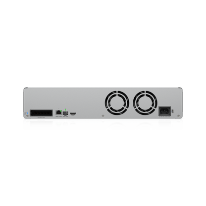 Rear view of the Ubiquiti UNVR-G2-Pro showing network ports, ViewPort output, dual fans and power inputs
