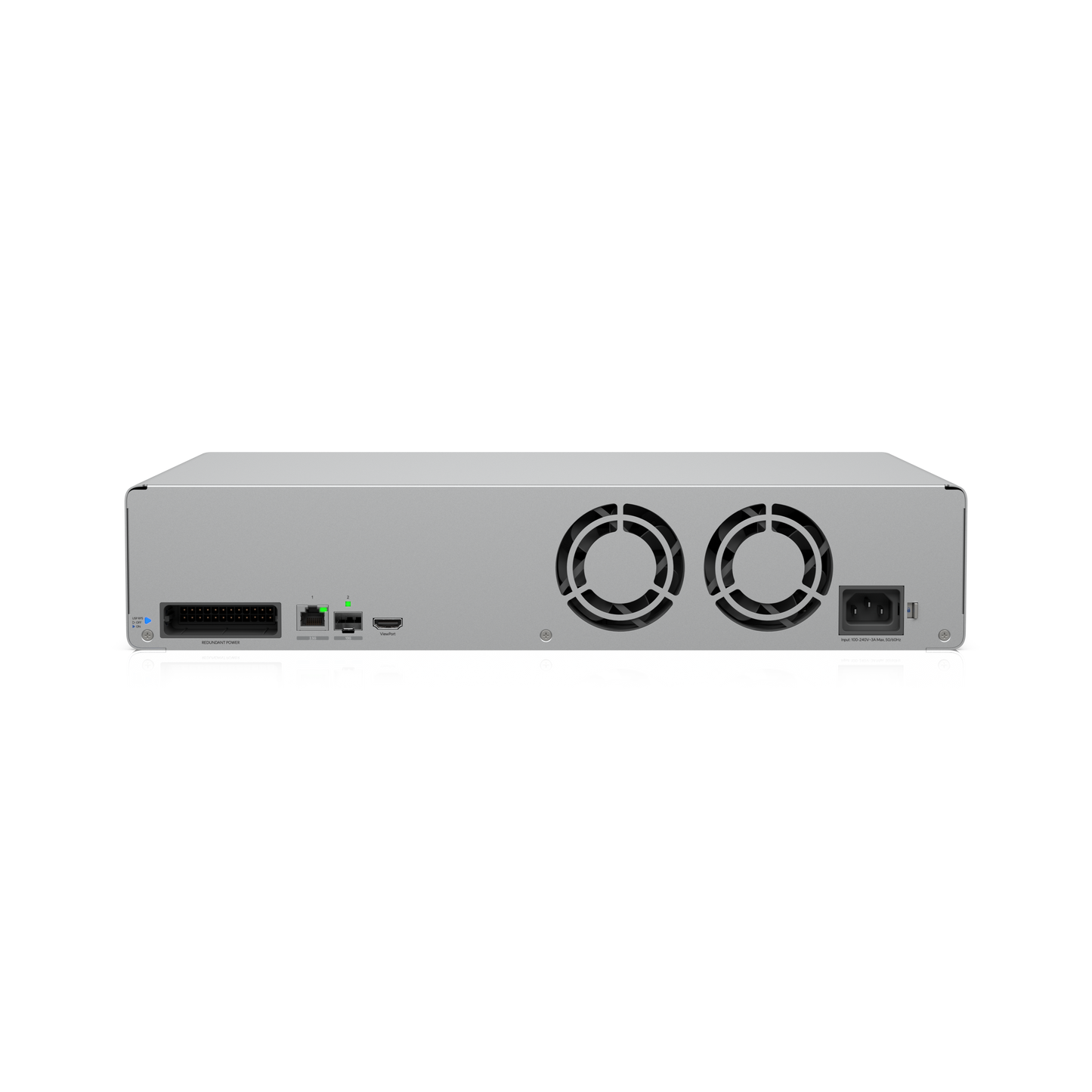 Ubiquiti UniFi Network Video Recorder G2 Pro rear view with redundant power connector, ports and cooling fans