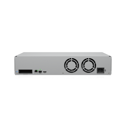 Ubiquiti UniFi Network Video Recorder G2 Pro rear view with redundant power connector, ports and cooling fans