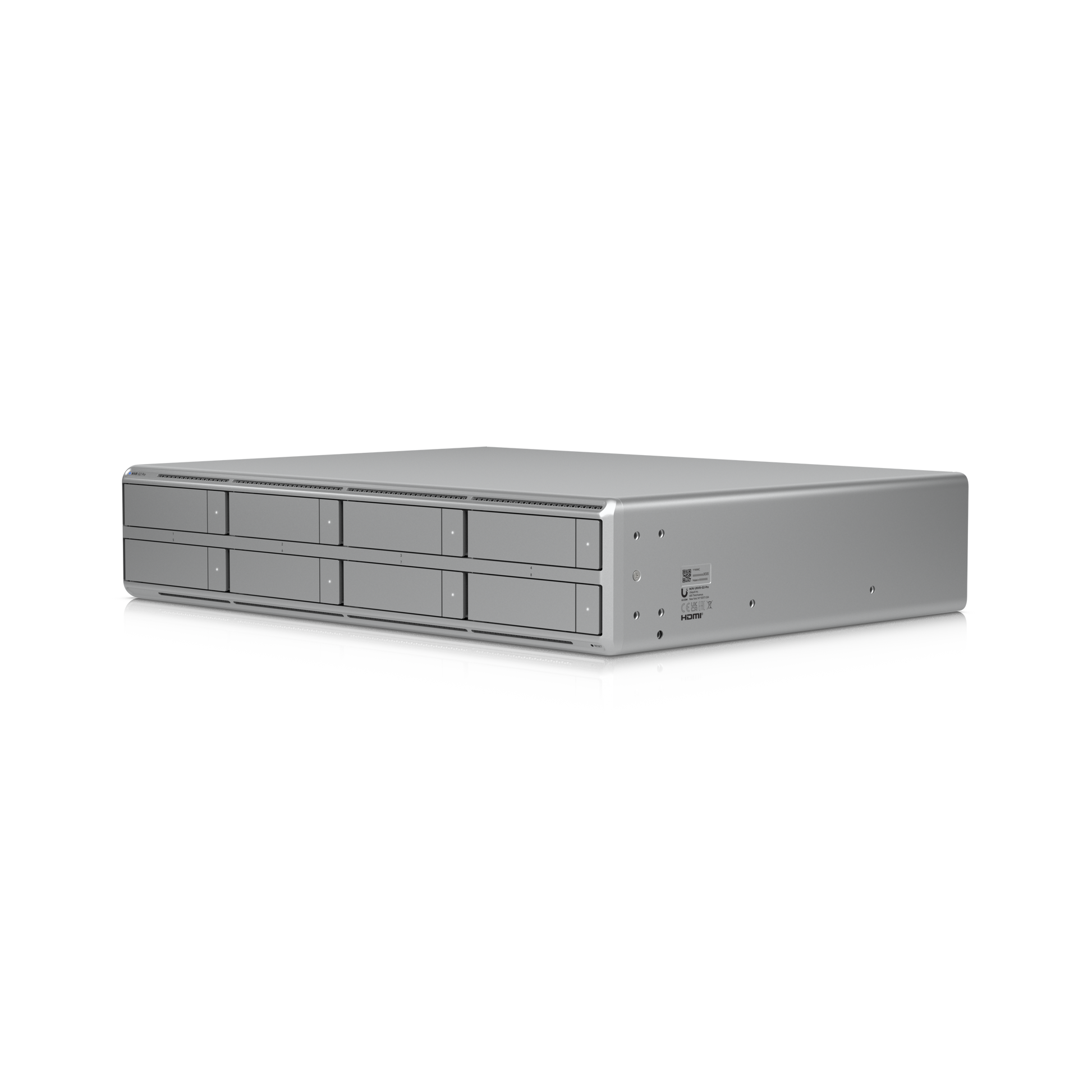 Angled front-right view of the Ubiquiti UNVR-G2-Pro with eight accessible drive bays