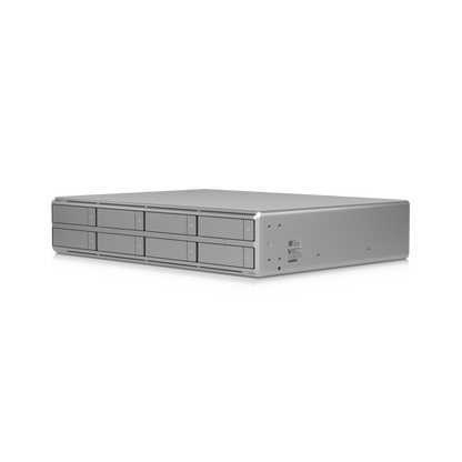 Angled front-right view of the Ubiquiti UNVR-G2-Pro with eight accessible drive bays