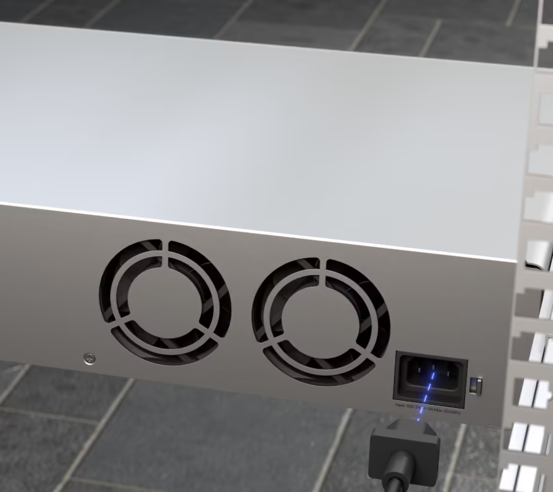Rear power connection and dual cooling fans on the Ubiquiti UniFi UNVR-G2-Pro