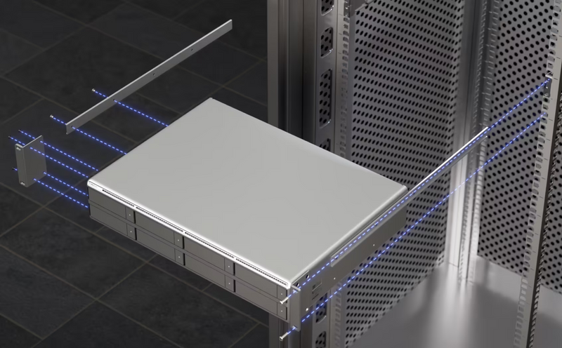 Ubiquiti UNVR-G2-Pro rack installation with mounting rails and brackets aligned to the server cabinet