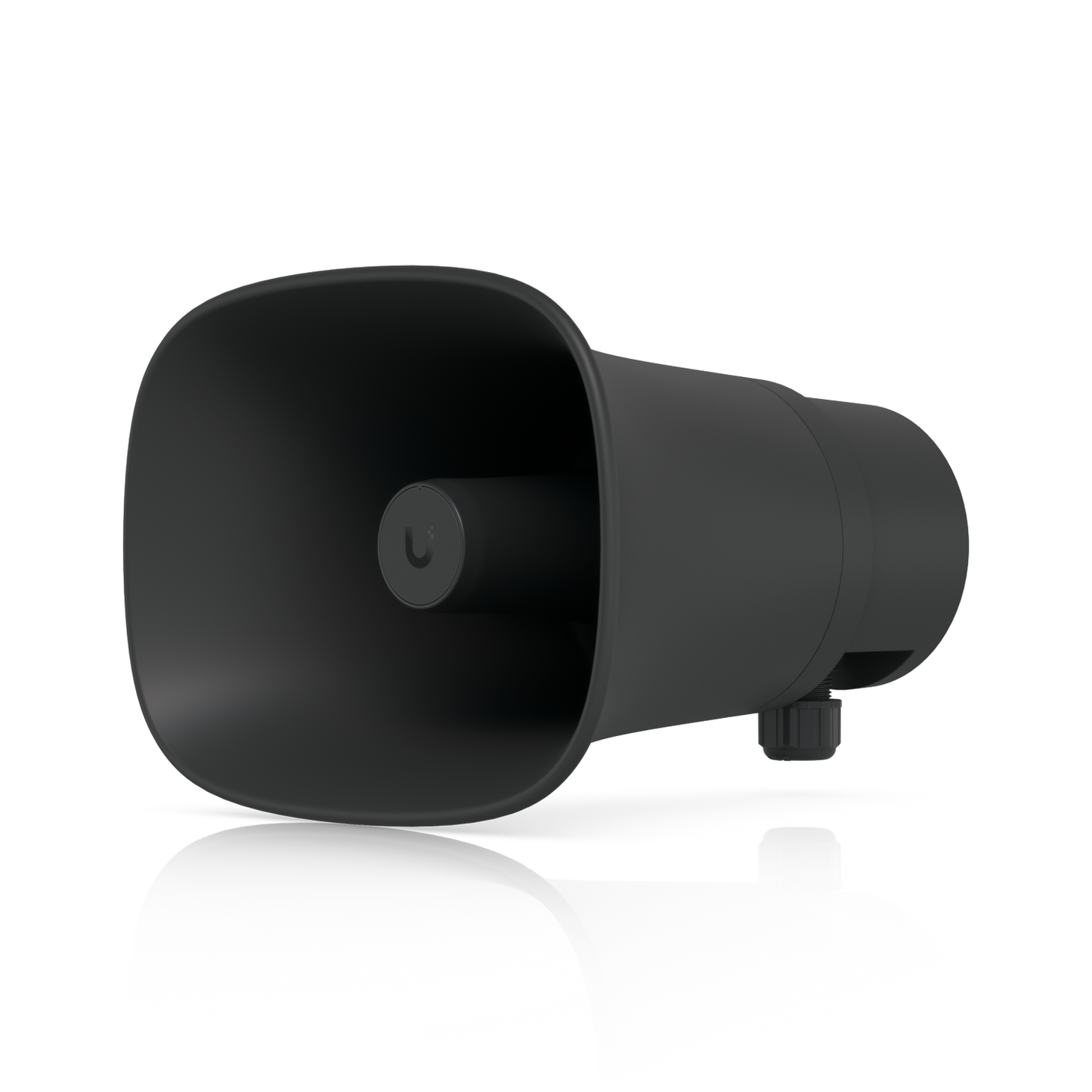 Front three-quarter view of the Ubiquiti UniFi UP-AI-Horn-Speaker in black with integrated cable gland