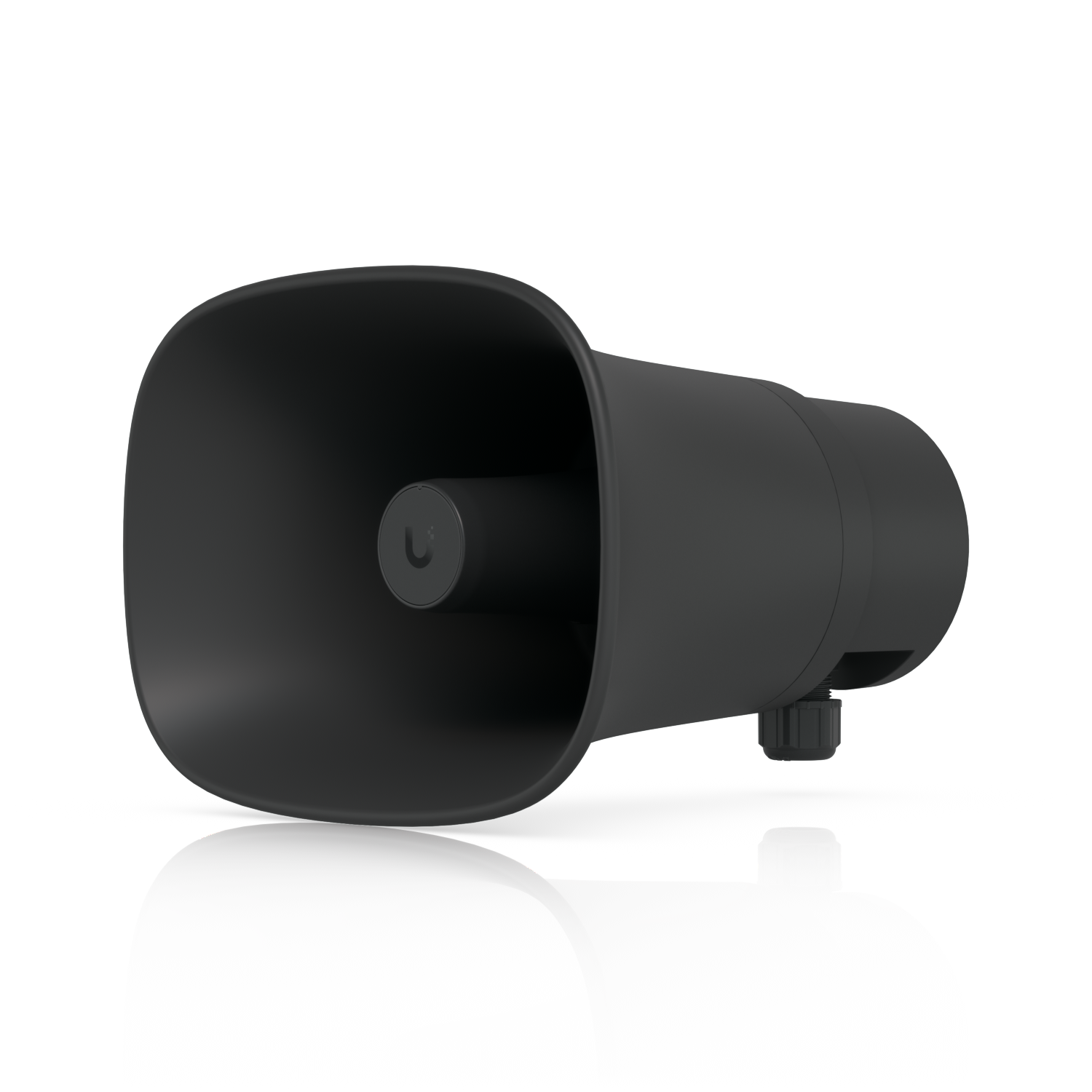 Front three-quarter view of the Ubiquiti UniFi UP-AI-Horn-Speaker in black with integrated cable gland