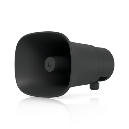 Front three-quarter view of the Ubiquiti UniFi UP-AI-Horn-Speaker in black with integrated cable gland