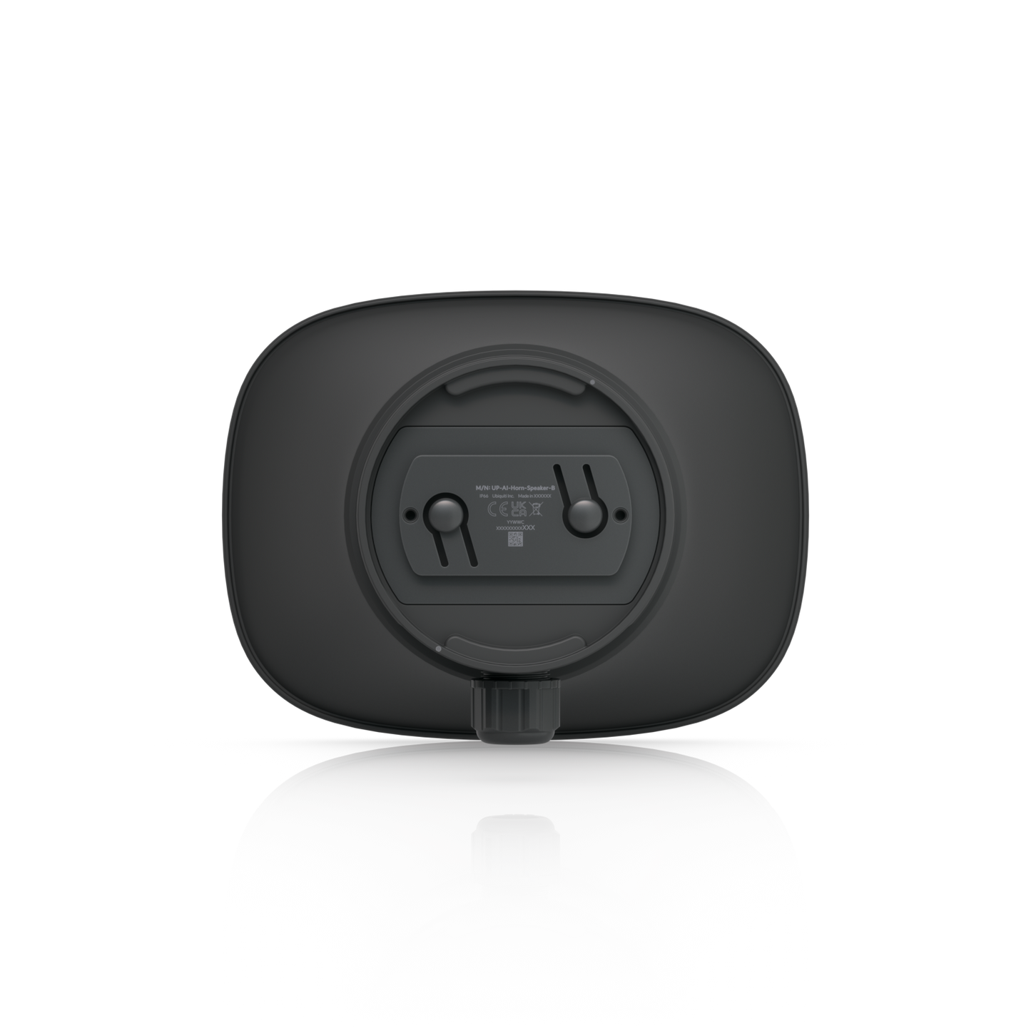 Rear view of the black Ubiquiti UniFi UP-AI-Horn-Speaker showing mounting slots, product label and cable gland