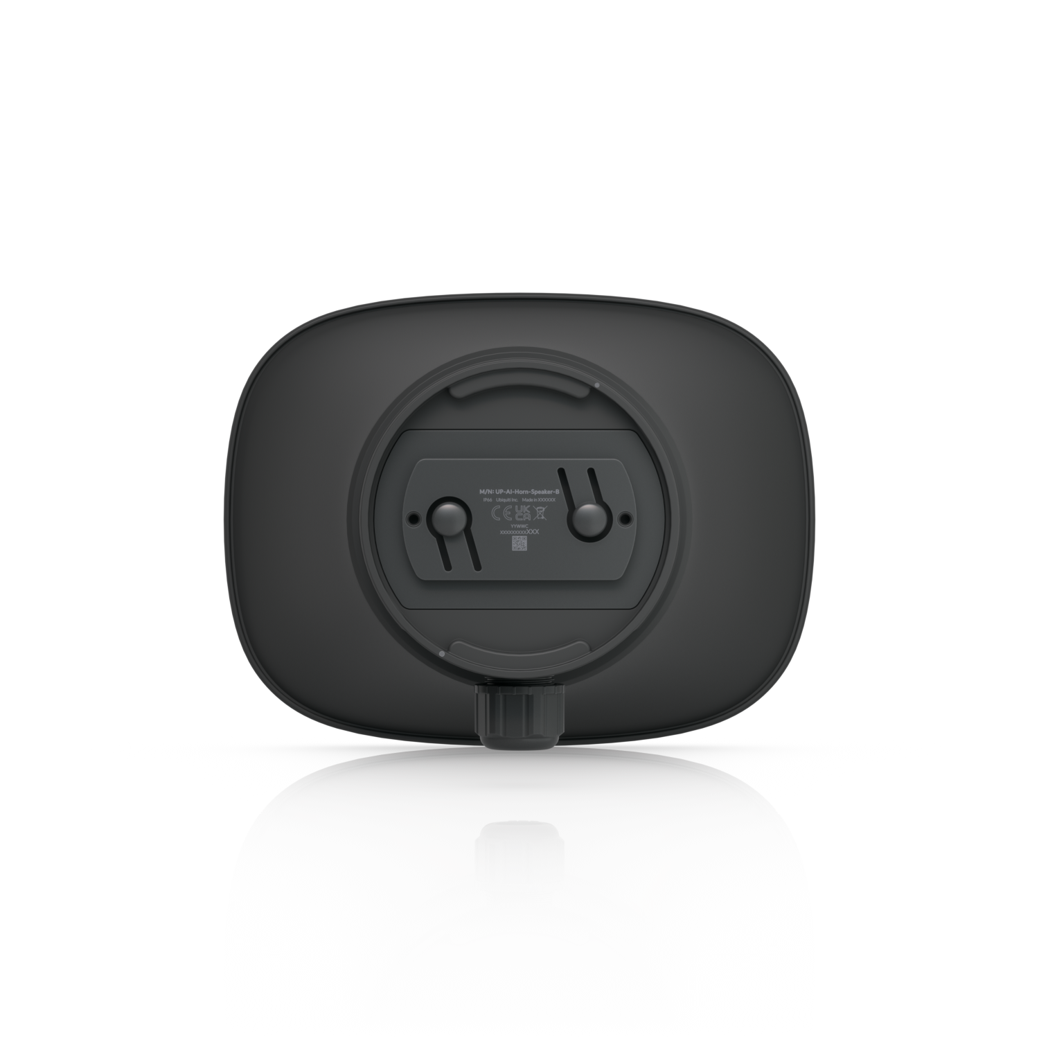Rear view of the black Ubiquiti UniFi UP-AI-Horn-Speaker showing mounting slots, product label and cable gland