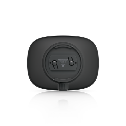 Rear view of the black Ubiquiti UniFi UP-AI-Horn-Speaker showing mounting slots, product label and cable gland