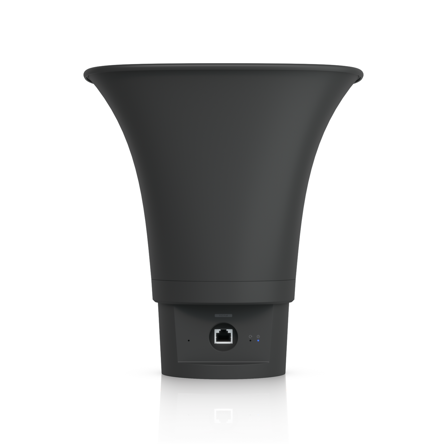Rear underside of the black Ubiquiti UniFi UP-AI-Horn-Speaker showing its PoE+ RJ45 port and status indicators