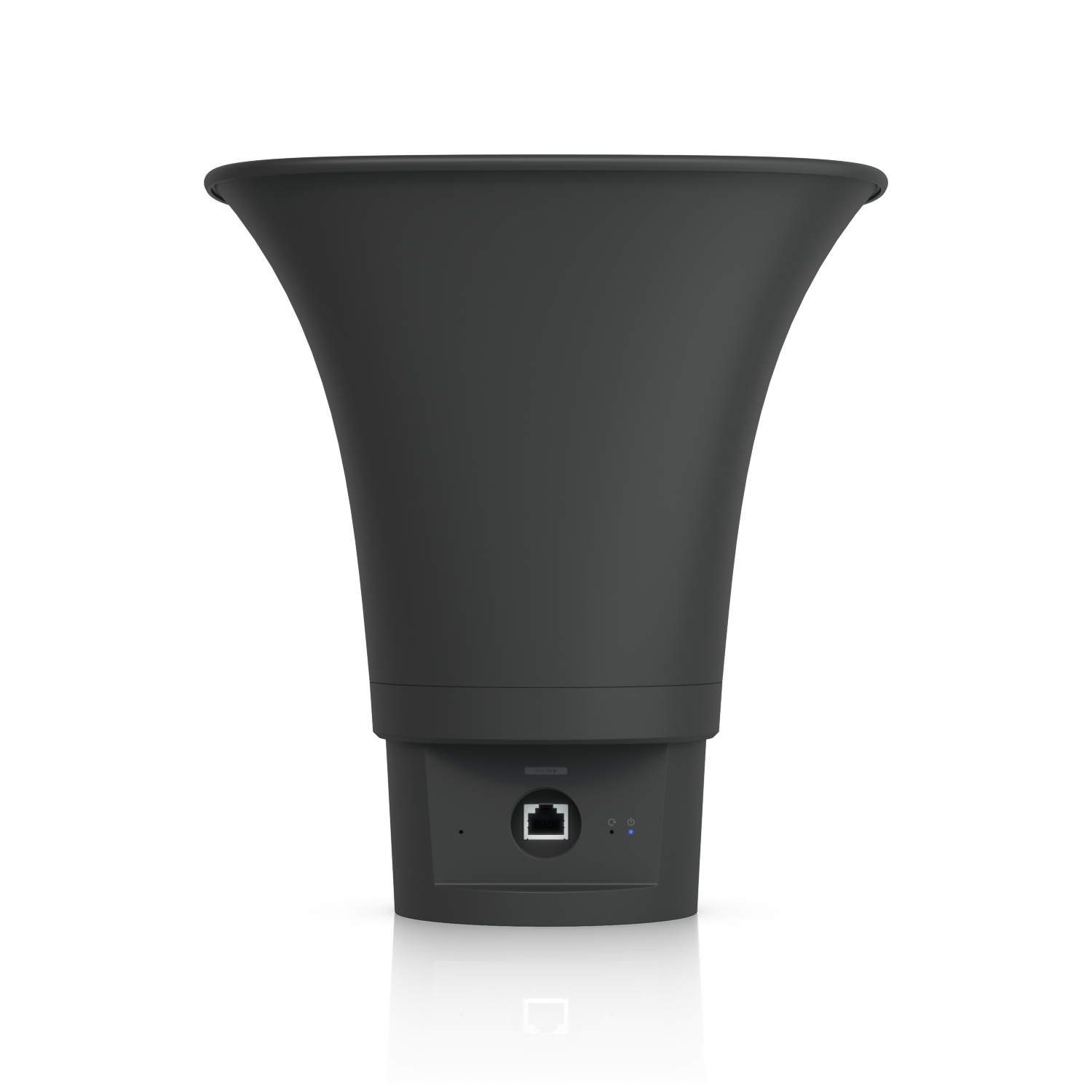 Rear underside of the black Ubiquiti UniFi UP-AI-Horn-Speaker showing its PoE+ RJ45 port and status indicators