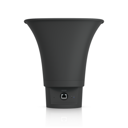 Rear underside of the black Ubiquiti UniFi UP-AI-Horn-Speaker showing its PoE+ RJ45 port and status indicators