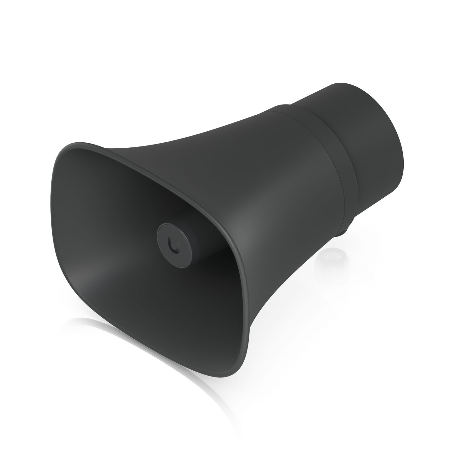 Elevated front view of the black Ubiquiti UniFi UP-AI-Horn-Speaker showing its flared horn and cable entry