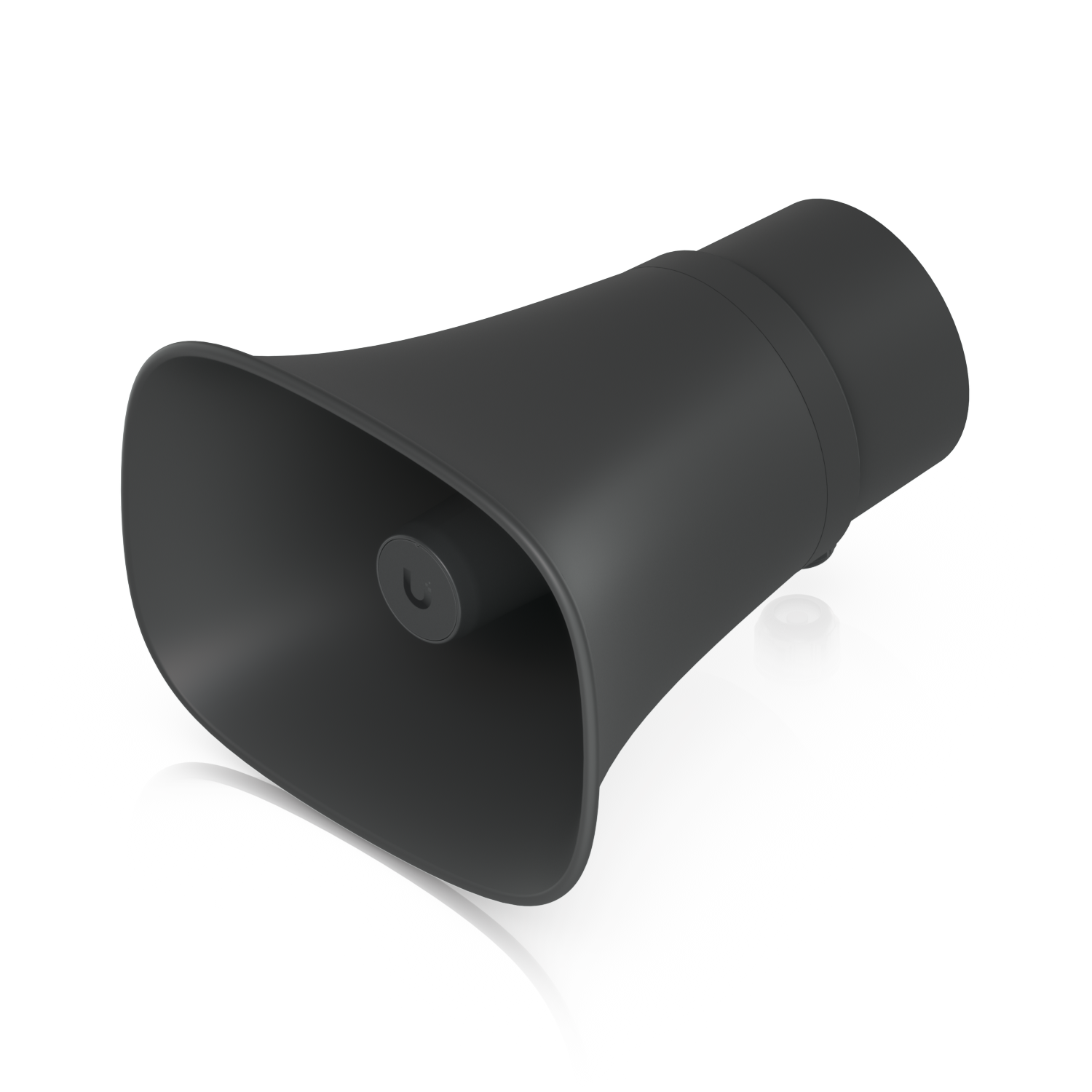 Elevated front view of the black Ubiquiti UniFi UP-AI-Horn-Speaker showing its flared horn and cable entry