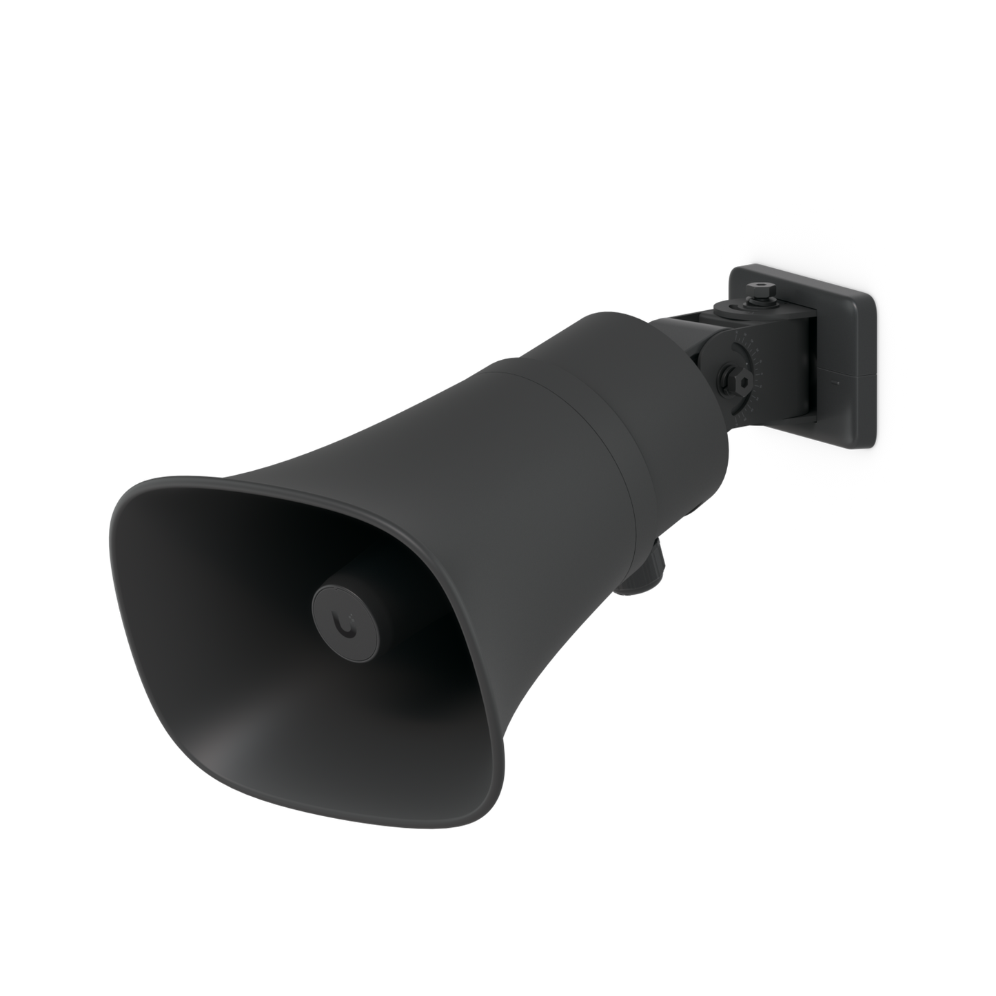 Black Ubiquiti UniFi UP-AI-Horn-Speaker fitted to an adjustable wall-mount bracket