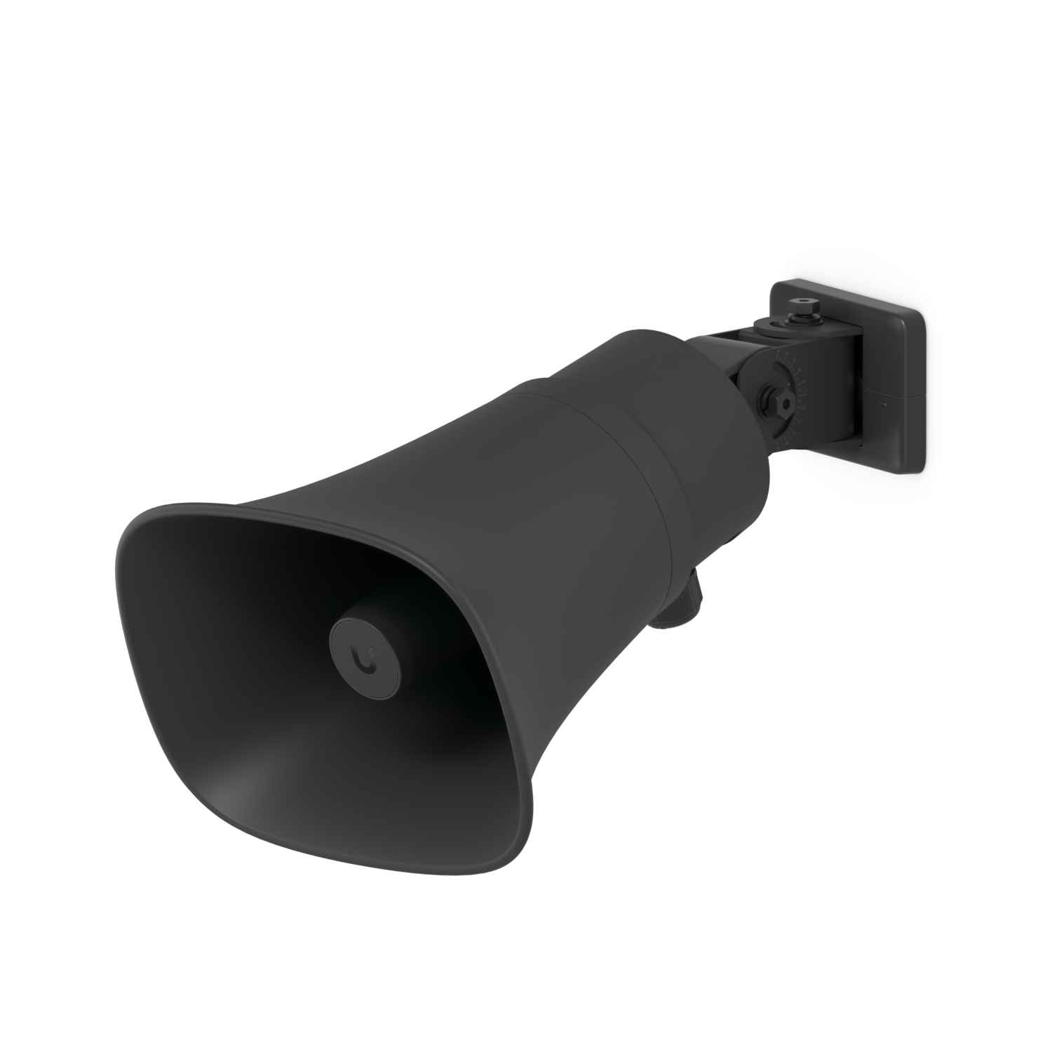 Black Ubiquiti UniFi UP-AI-Horn-Speaker fitted to an adjustable wall-mount bracket