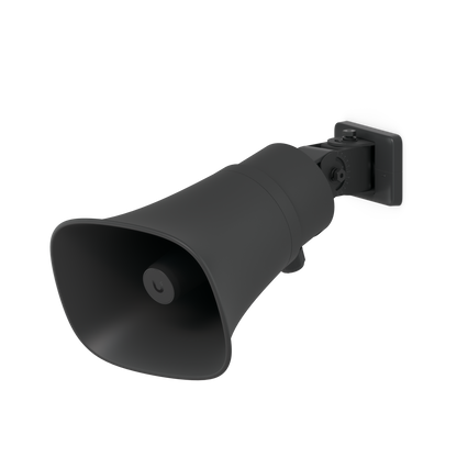 Black Ubiquiti UniFi UP-AI-Horn-Speaker fitted to an adjustable wall-mount bracket