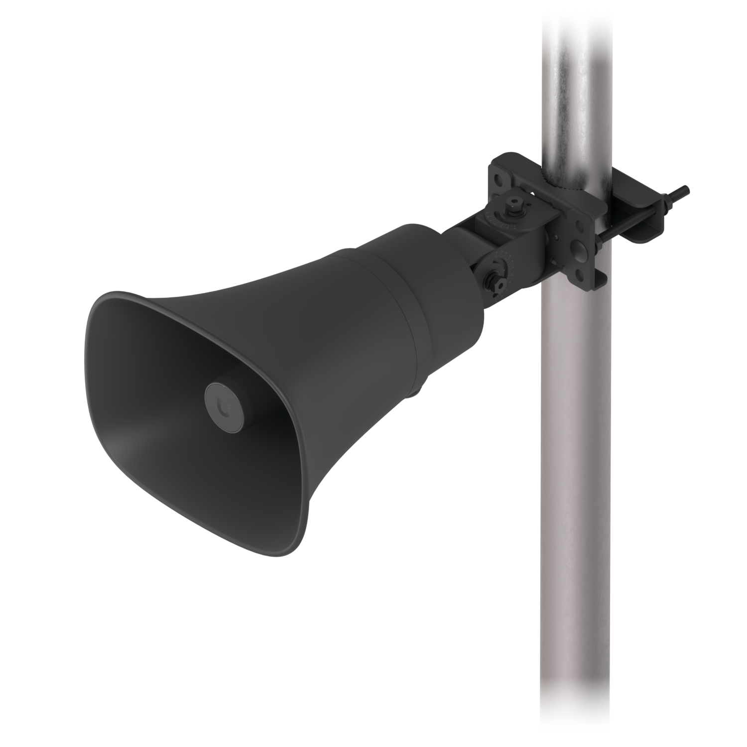 Angled front view of the black Ubiquiti UniFi UP-AI-Horn-Speaker secured to a vertical pole