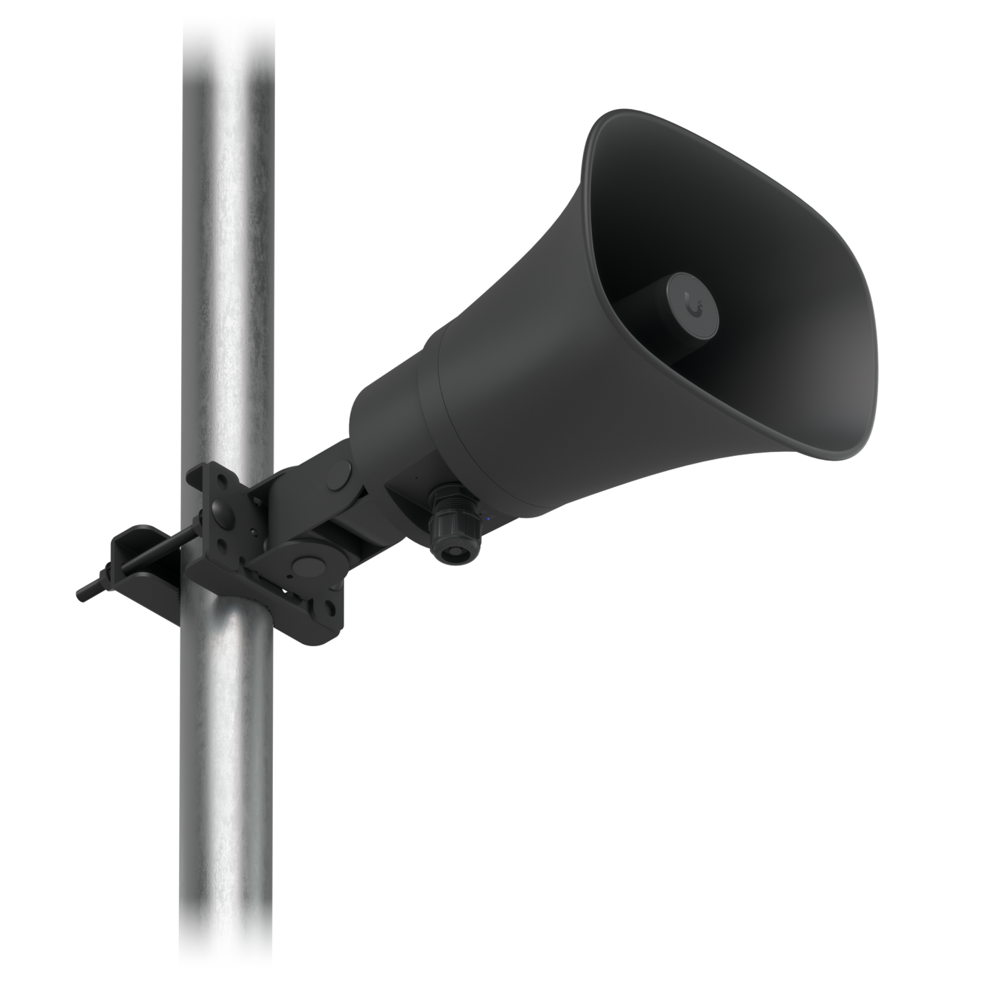 Upward-angled black Ubiquiti UniFi UP-AI-Horn-Speaker installed on a metal pole