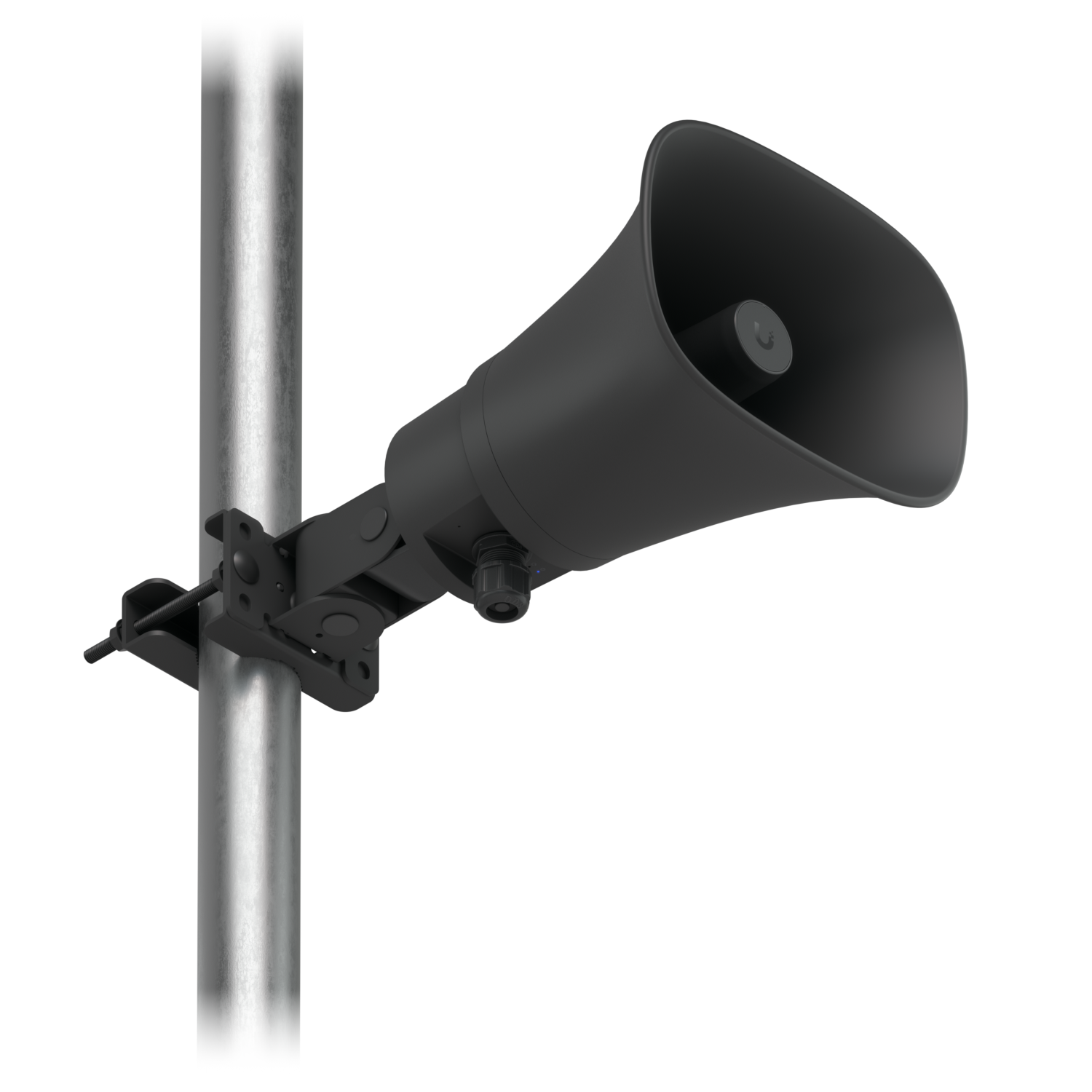 Upward-angled black Ubiquiti UniFi UP-AI-Horn-Speaker installed on a metal pole