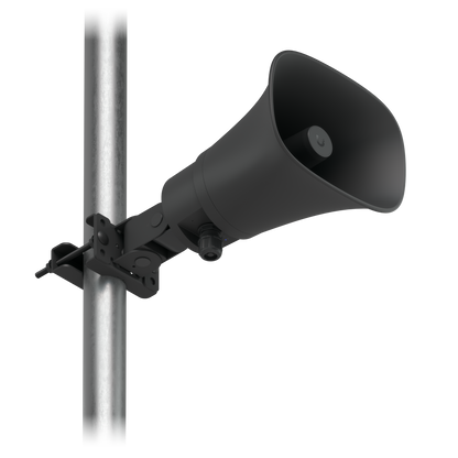 Upward-angled black Ubiquiti UniFi UP-AI-Horn-Speaker installed on a metal pole