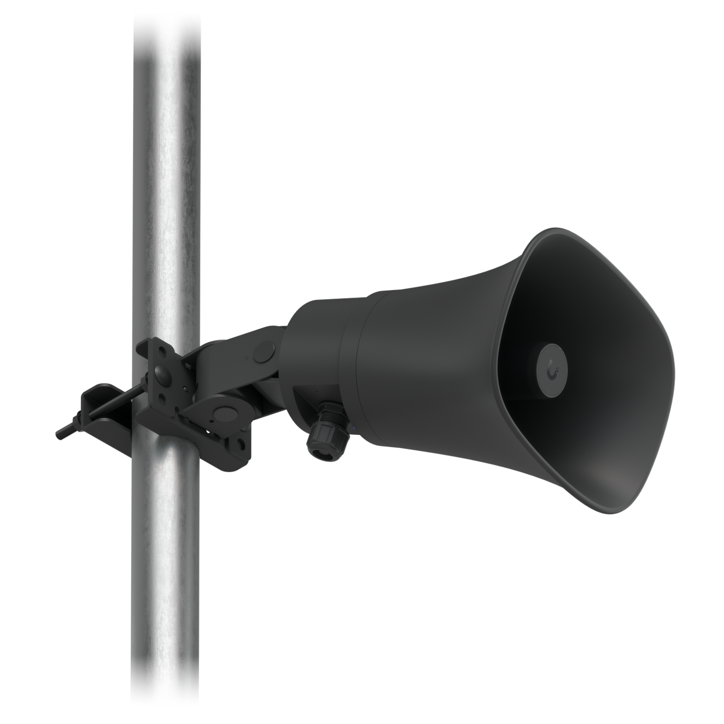 Ubiquiti UniFi UP-AI-Horn-Speaker in black mounted horizontally to a metal pole with a clamp bracket