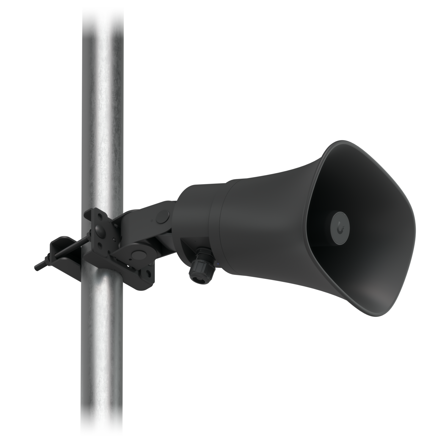 Ubiquiti UniFi UP-AI-Horn-Speaker in black mounted horizontally to a metal pole with a clamp bracket