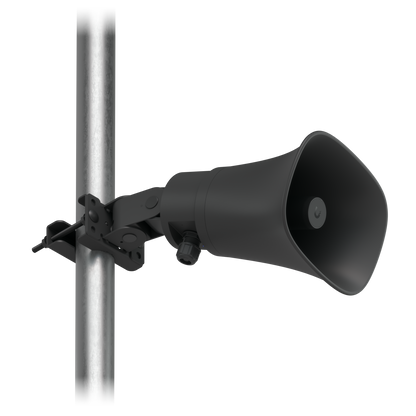 Ubiquiti UniFi UP-AI-Horn-Speaker in black mounted horizontally to a metal pole with a clamp bracket
